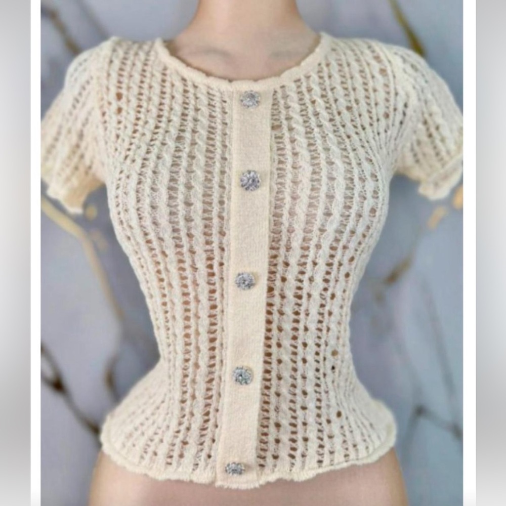 Cream Open-Knit Short Sleeve Button-Front Tunic Top